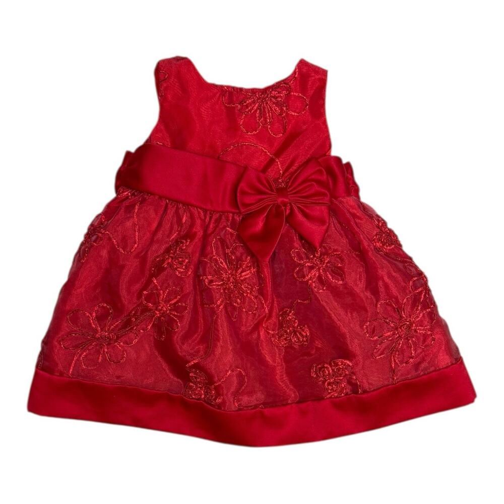 1st Christmas Dress Girls Infants Sz 6-9 Mo. Red Back Tie/ Button Christmas EUC